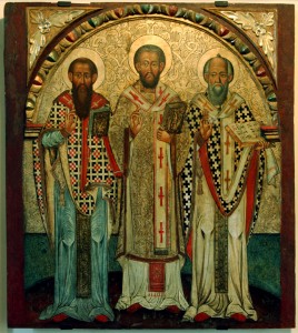 The Holy Hierarchs. From Left to Right, St Basil, St John Crysostom and St Gregory Nanzianzen