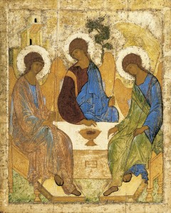 This famous Russian Icon written by Andrei Rublev depicts the three angels who visited Abraham at Marmre but also the Trinity.